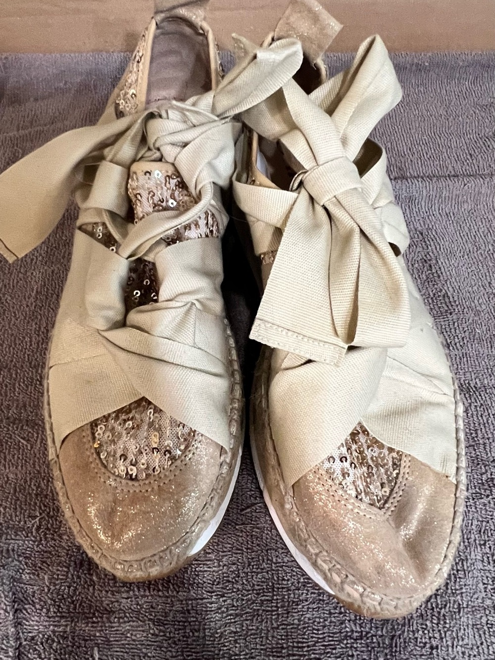 Women’s Beige Sequin Ribbon Espadrille Sneakers#12